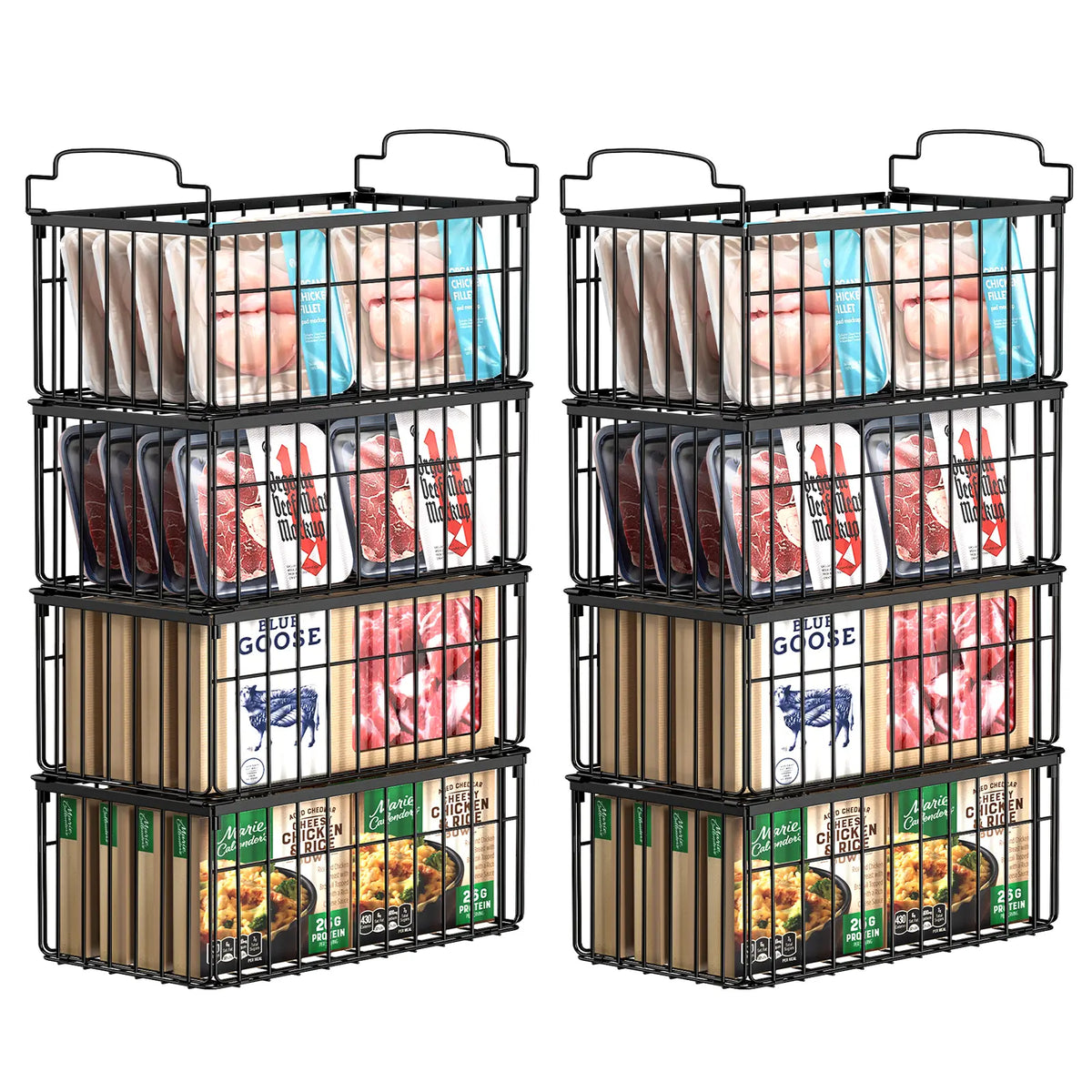 Msercuor Stackable Wire Freezer Organizer Bins - Black 4 Pack, Durable Rustproof Stainless Steel Storage Baskets with Open-Frame Design, Space-Saving Lifttograb Access, Keeps Food Fresher Longer (2/6/8 Pack Options)