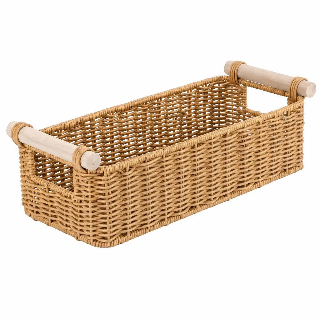 BROWNLILY Handwoven Wicker Organizer Basket with Wooden Handles - Narrow Countertop Caddy for Bathroom Vanity, Kitchen, Entryway & Guest Room (Faux Rattan)