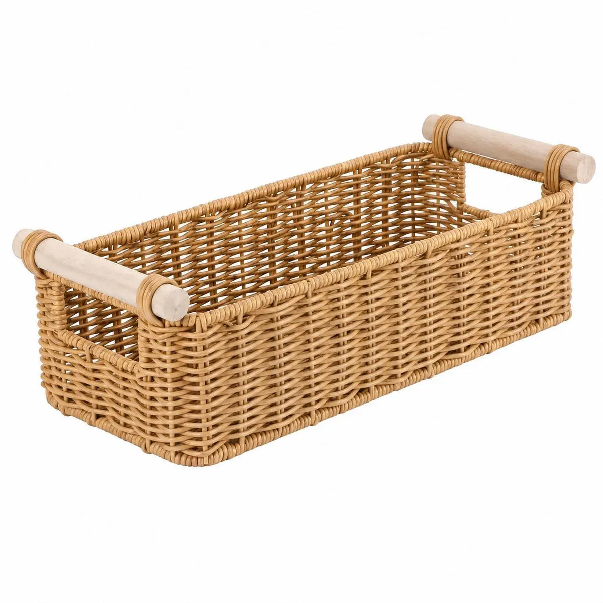 BROWNLILY Handwoven Wicker Organizer Basket with Wooden Handles - Narrow Countertop Caddy for Bathroom Vanity, Kitchen, Entryway & Guest Room (Faux Rattan)