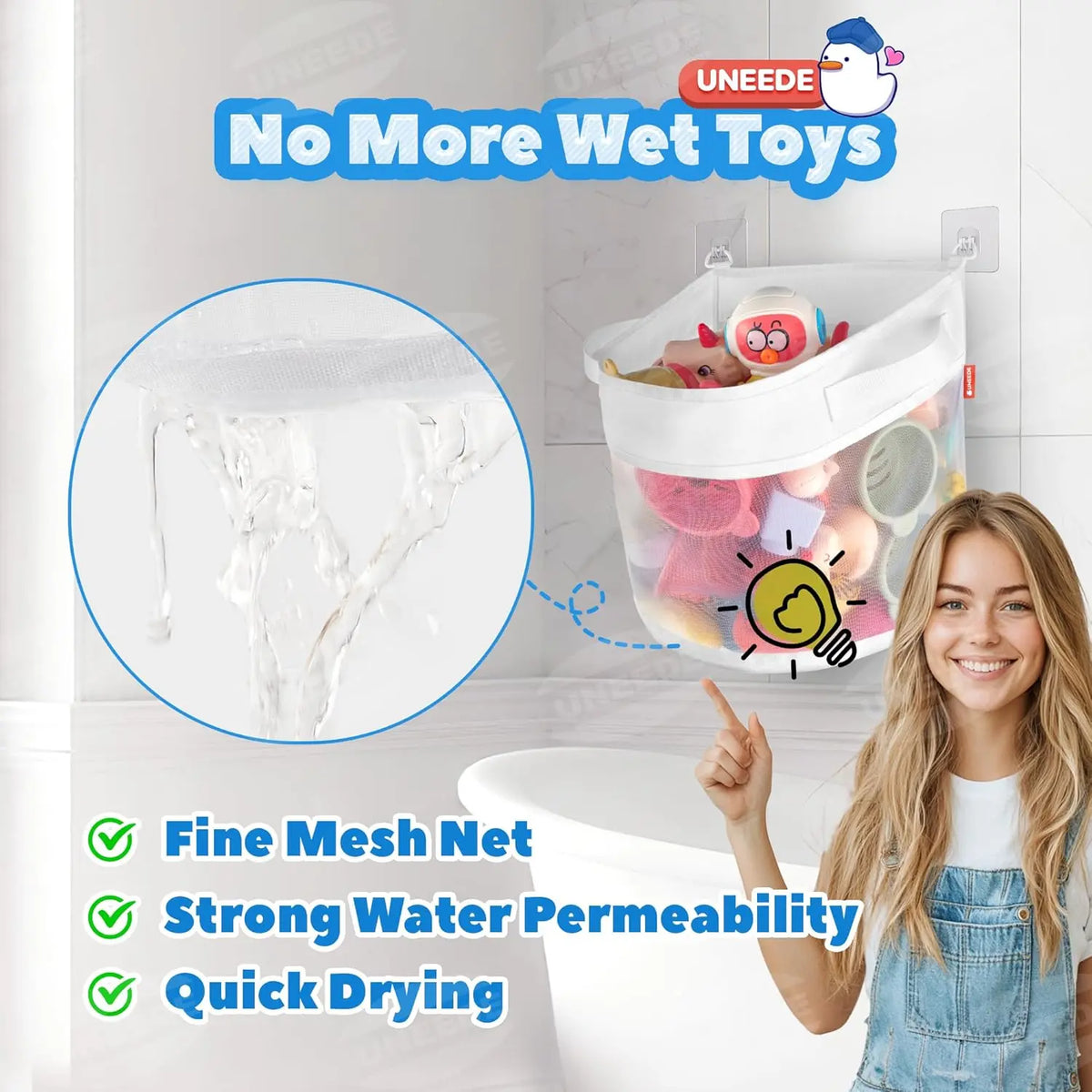 UNEEDE Mesh Bath Toy Organizer - 4 Gal Fine Mesh Basket Home Organizers, Quick-Access Quick-Dry Bathtub Holder for Babies, Shower Caddy