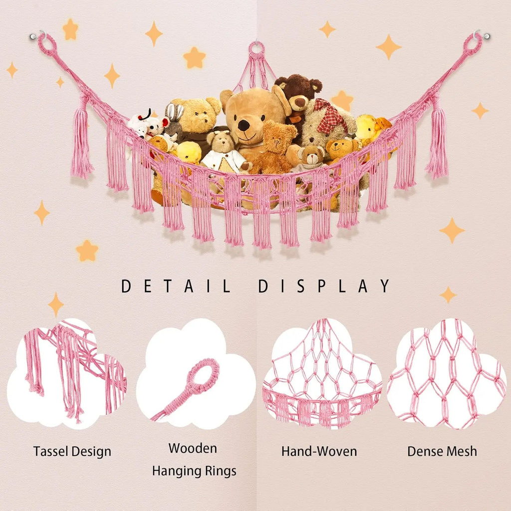 Stuffed  Hammock with LED Light,  Hammock for Stuffed  Storage for  Room Decor, Stuffed  Hammock Corner, Pink