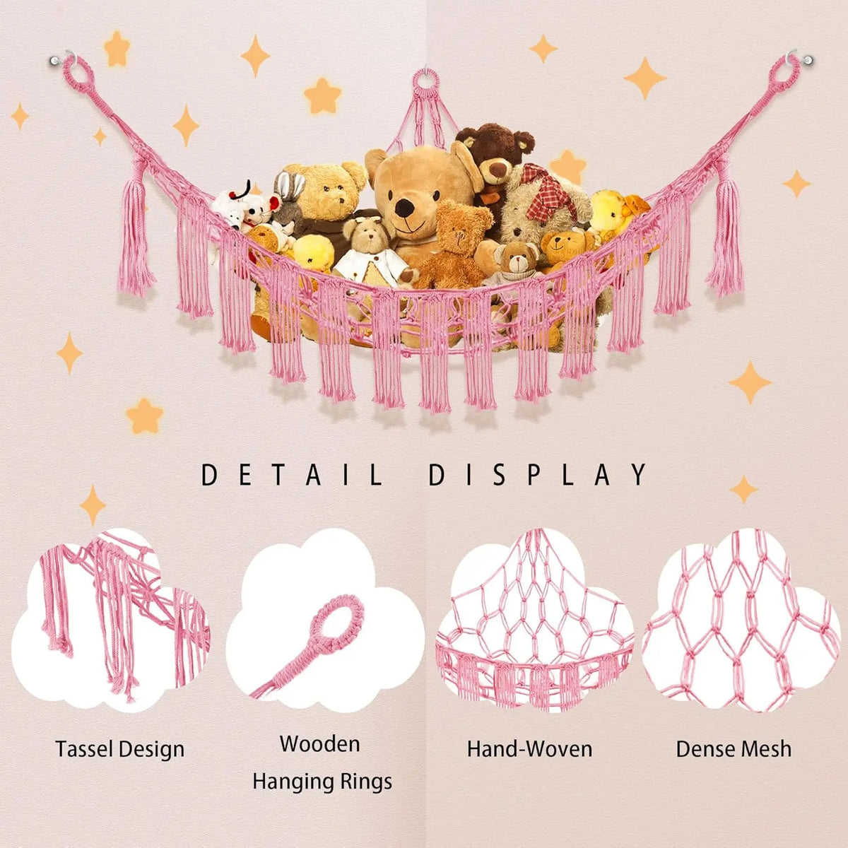 Stuffed  Hammock with LED Light,  Hammock for Stuffed  Storage for  Room Decor, Stuffed  Hammock Corner, Pink