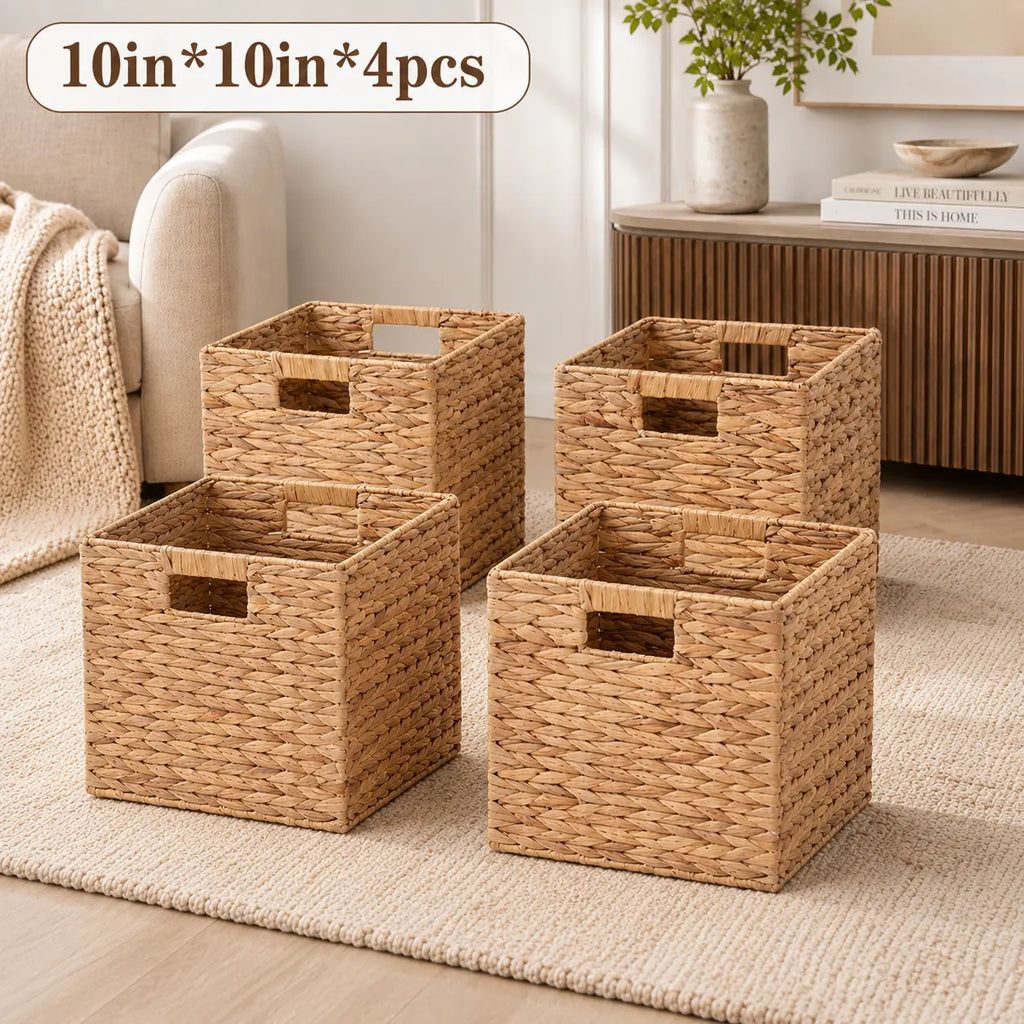 Summerwins Natural Water Hyacinth Storage Baskets - Handwoven Cube Organizing Bins with Cutout Handles, Open-Top Farmhouse Storage Organizer for Dorm Room, Living Room, Laundry, House Organizers, College Move-In Essentials
