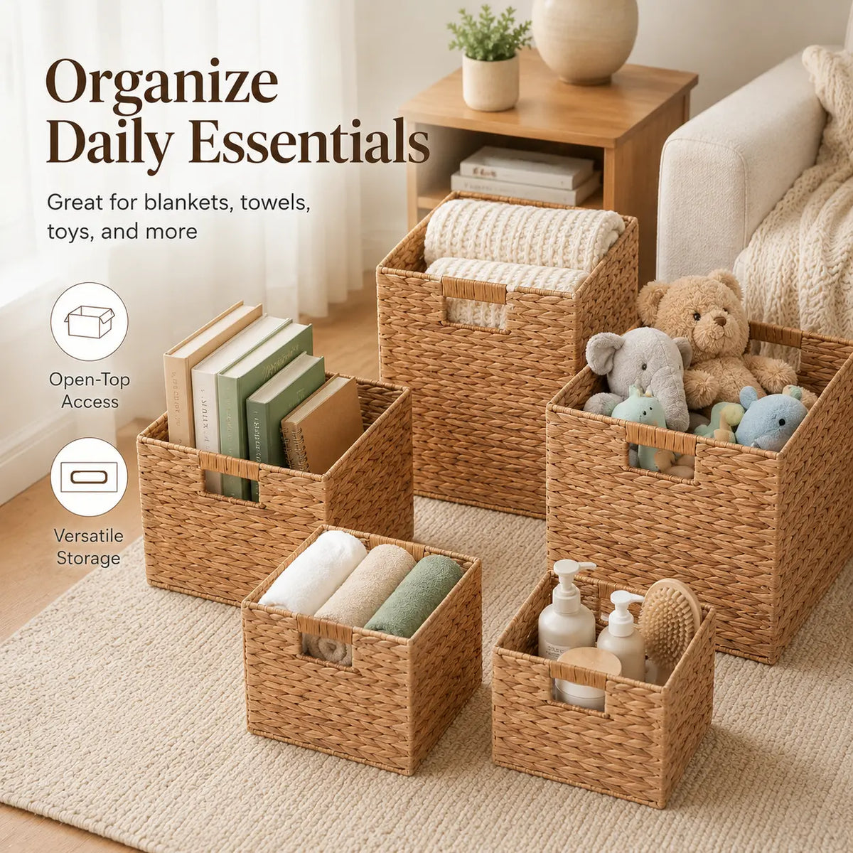 Summerwins Natural Water Hyacinth Storage Baskets - Handwoven Cube Organizing Bins with Cutout Handles, Open-Top Farmhouse Storage Organizer for Dorm Room, Living Room, Laundry, House Organizers, College Move-In Essentials