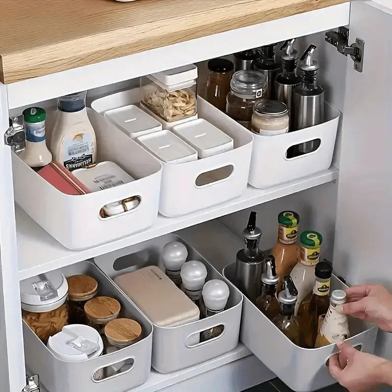 5-Pack Plastic Storage Baskets with Handles, Multi-Purpose Rectangular Organizer, Kitchen Organizers and Storage for Kitchen, Bathroom, Closet, Spices, Snacks, Everyday Items