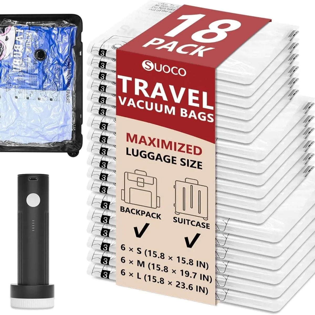 SUOCO Travel Vacuum Seal Bags Set with Rechargeable Electric Pump & Compression Packing Cubes, Water-Resistant Airtight Re-sealable Home Organiser for Luggage, Garage Storage, Cruises, Space-Saving Home Supply