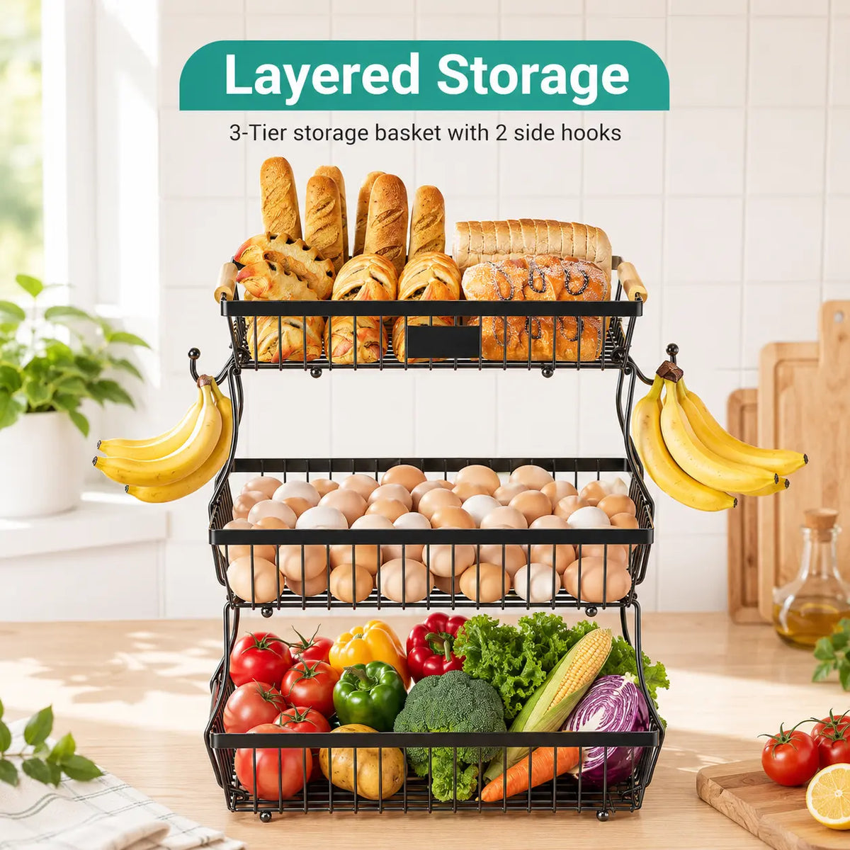3-Tier Metal Countertop Storage Basket with Handles - 2 Banana Hangers, Attach-to-Countertop Compatible, Open Wire Modern Farmhouse Design, House Organizers for Kitchen Counters, Rose Red Organization Baskets for Vegetable, Bread & Snack Stations