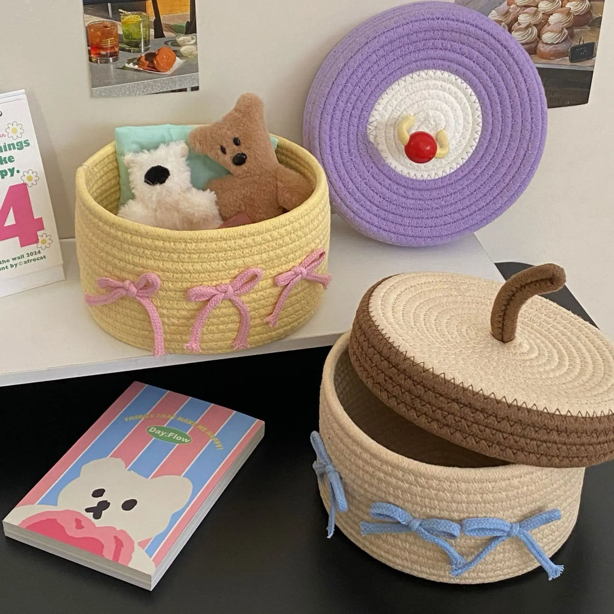 Cotton Fabric Home Storage Baskets - Multi-Size, Cute Design, Foldable, Handle-Equipped Household Organizers, Cappuccino (22*12), Pink & White Dopamine (22*19), Space-Saving Home Supplies