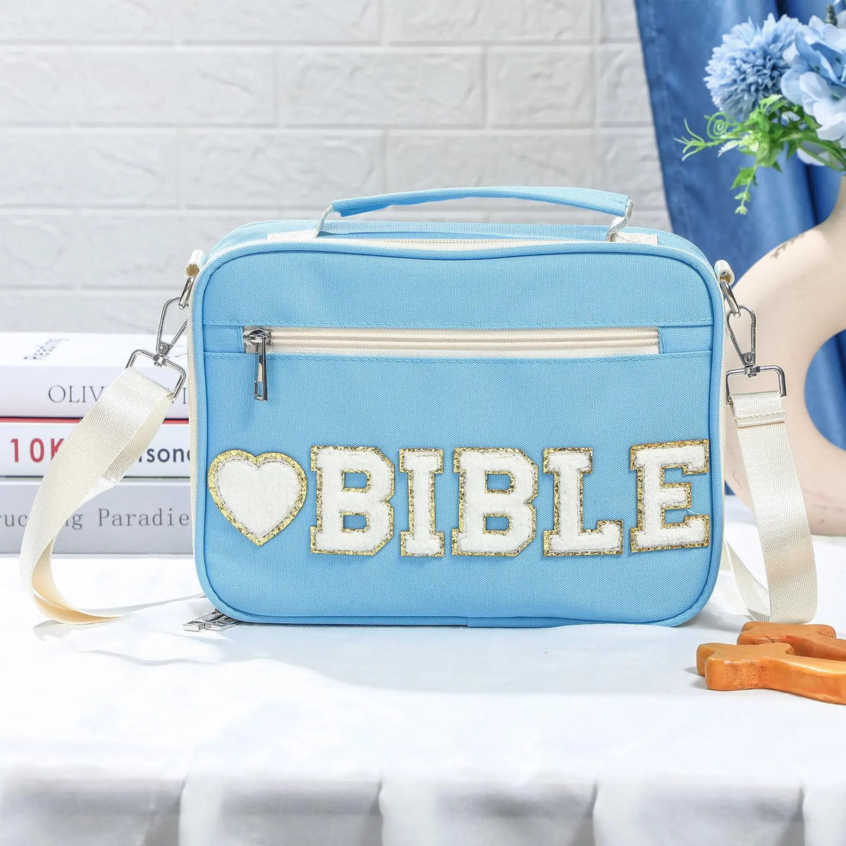 Gejoy Bible Cover Case for Women, Christian Bible Bag with Shoulder Strap Canvas Tote Bag Carrying Bag Gift for Teenagers Girl Student, Bible Study Supplies, Church Bible Case