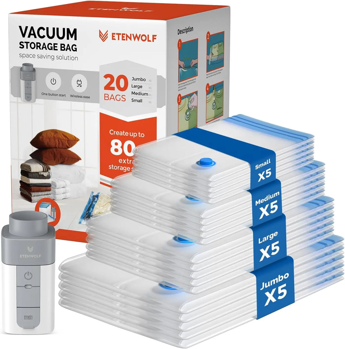 ETENWOLF 20-Pack Multi-Size Turbo Compression Vacuum Storage Bags Organiser - Rechargeable Wireless Fast Pump, Box, Turbo Valve, Thick PA+PE Resists Tears, 80% More Storage Space, Travel Ready for Sports & Outdoor Accessories, Clothes/Bedding, Reusable