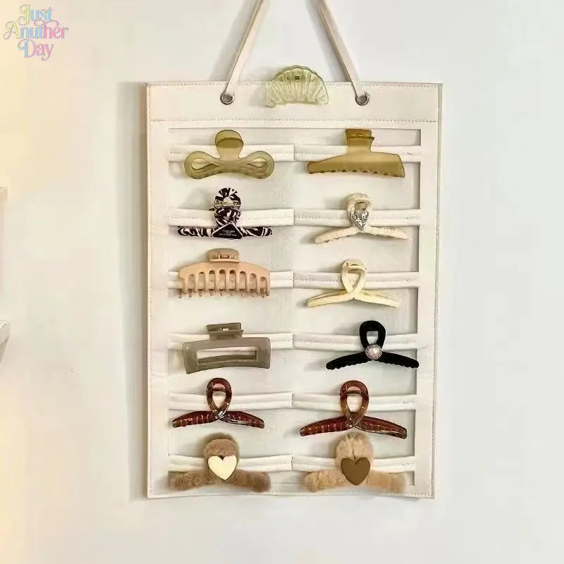 Punch-free Wall Mount Felt Hair Accessories Storage Bag, Multi-slots Large Capacity Hanging Organizer for Girls Bow Barrettes, Shark Clips, Hair Bands & Kids Headwear, Dorm Dresser Space-saving Hairpin Display Rack