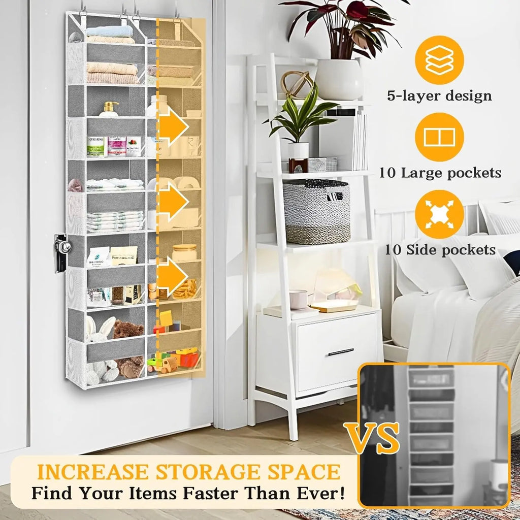 Over The Door Organizer 5Tiers, Extra Large Behind Door Storage of  Compartments, 80 lbs Weight Capacity Hanging Storage Organizer with Clear Window Kids Toys,Shoes,Diapers,Room Storage,Light Grey