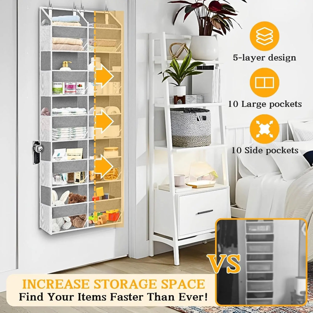 Over The Door Organizer 5Tiers, Extra Large Behind Door Storage of  Compartments, 80 lbs Weight Capacity Hanging Storage Organizer with Clear Window Kids Toys,Shoes,Diapers,Room Storage,Light Grey