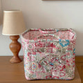 Women's Retro Foldable Soft Quilted Square Storage Basket - Dahuaofu Series, 31*27*26 cm Large Pink Flowers Print Polyester Bag, Basket with Handle, Front Pocket, Multi-Function High-Capacity Organizer, Blue, Clothes Organizer