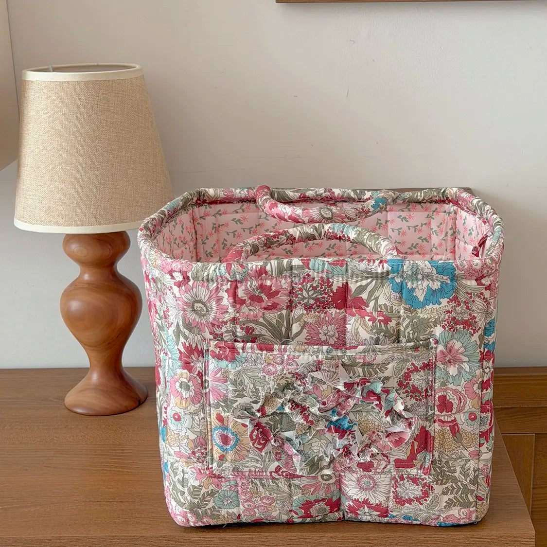 Women's Retro Foldable Soft Quilted Square Storage Basket - Dahuaofu Series, 31*27*26 cm Large Pink Flowers Print Polyester Bag, Basket with Handle, Front Pocket, Multi-Function High-Capacity Organizer, Blue, Clothes Organizer