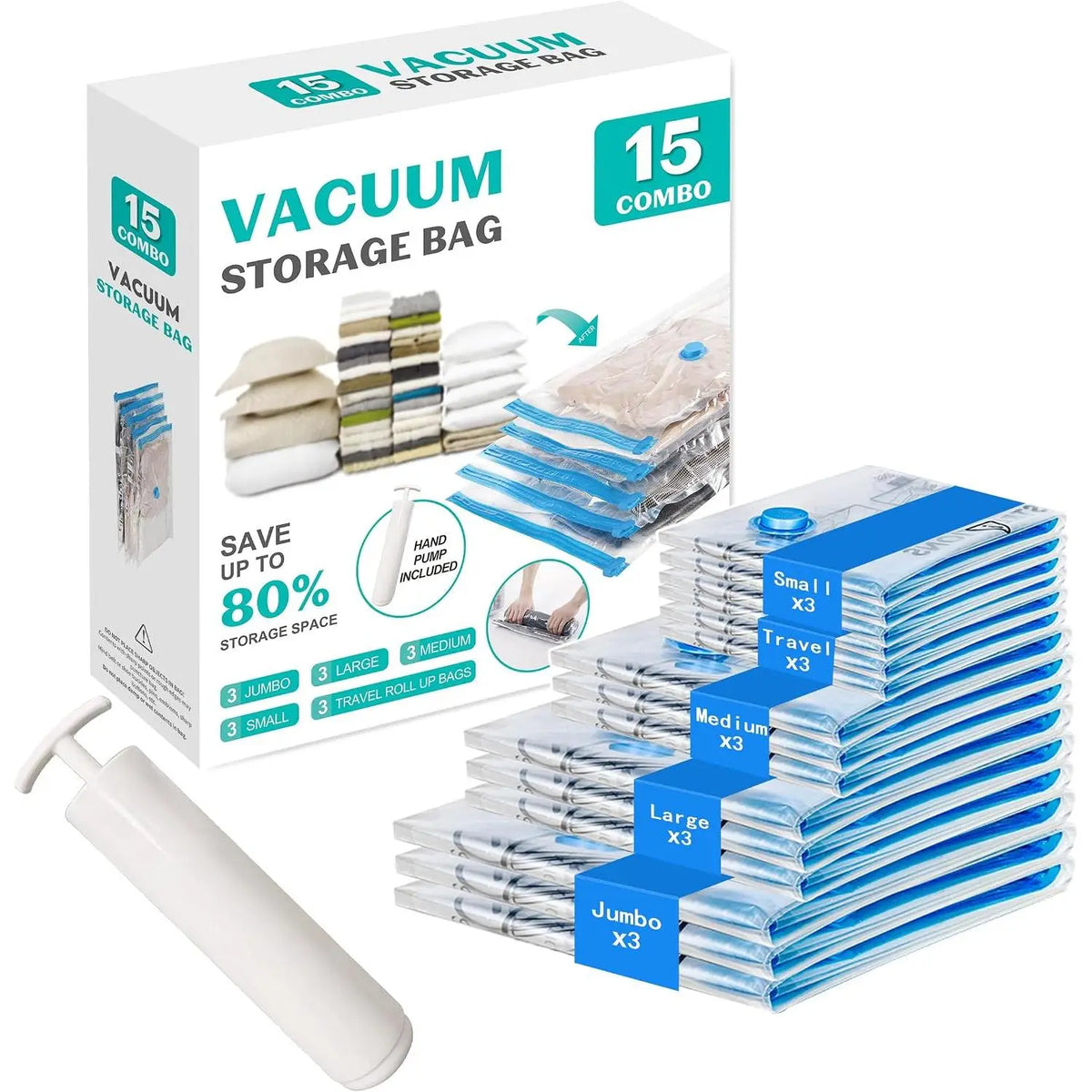 15 Pack Vacuum Seal Bags for Clothing &Travel, Space Saver Vacuum Storage Bags for Blankets,Luggage,Clothes,Comforter, Hand Pump Included (3 Jumbo,3 Large,3 Medium,3 Small,3 Roll）Gift.