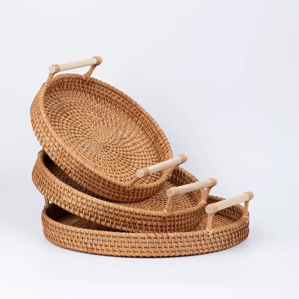 Japanese Handmade Woven Basket, Dual Handle Tray, Round Fruit Storage Dish, Sweet Treats Holder, Bread Bun Display, Inn Tableware, Storage Baskets