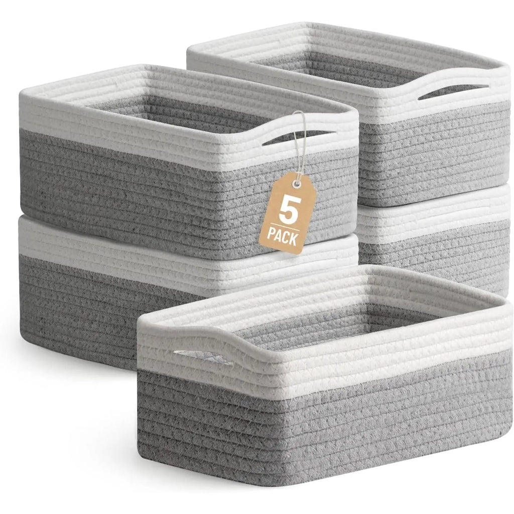 Khaki/White 5-Pack Small Rectangular Woven Cotton Rope Storage Bins (11.8"x7.9"x4.7") - Modern Farmhouse Organiser for Pet Supplies, Kitchen, Bathroom, Office, Nursery Changing Table - Ideal Baby Shower Gift