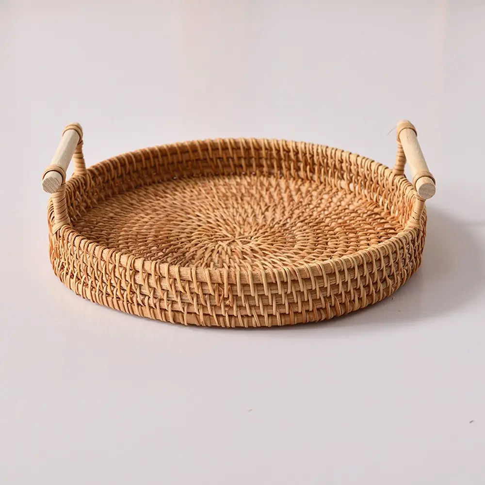 Japanese Handmade Woven Basket, Dual Handle Tray, Round Fruit Storage Dish, Sweet Treats Holder, Bread Bun Display, Inn Tableware, Storage Baskets