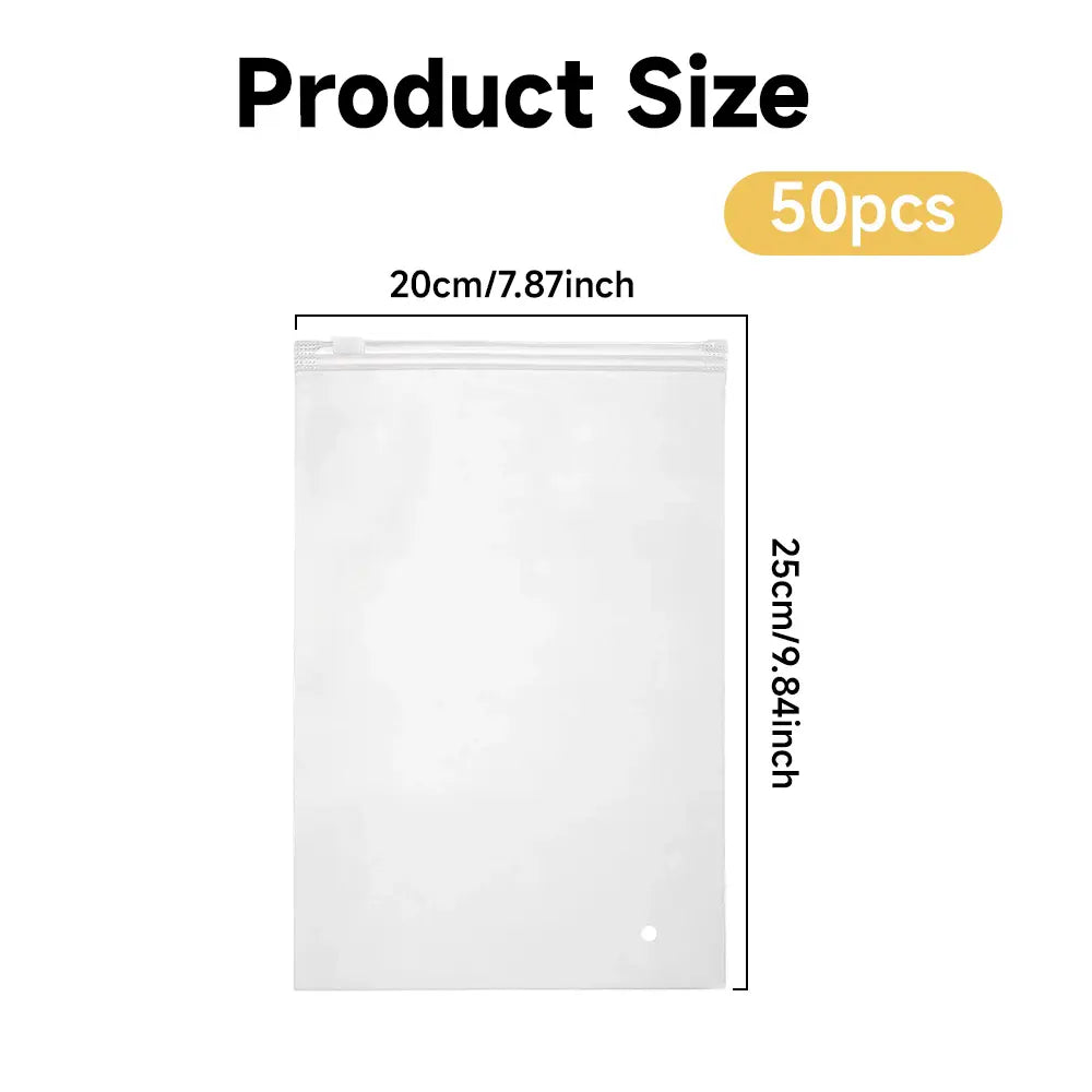 50pcs Heavy-Duty Frosted Zipper Pouch Organiser - 9.8x7.8 In (25x20 Cm) Resealable Plastic Clothing Storage Bags with Slider Closure, Vent Holes for Car Interior Accessories, Travel Packing