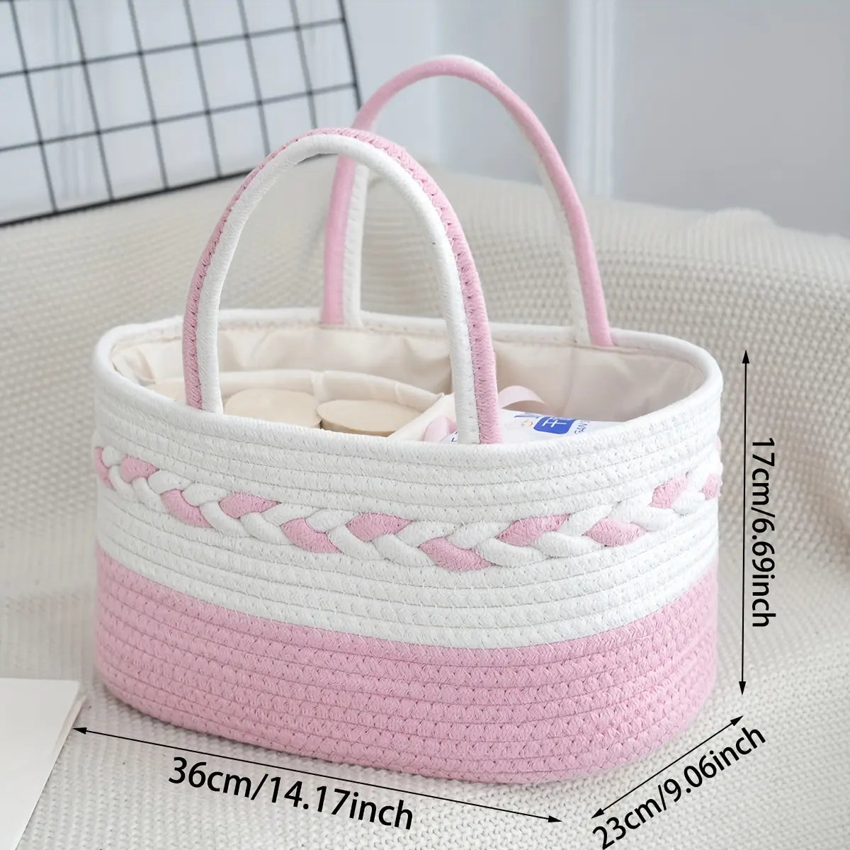 Bohemian Vibe Rope Weave Large Capacity Foldable Home Storage Bag with Woven Handle, Removable Lining, Stripe Design (Cyan, White, Pink, Beige) - Shelf Basket