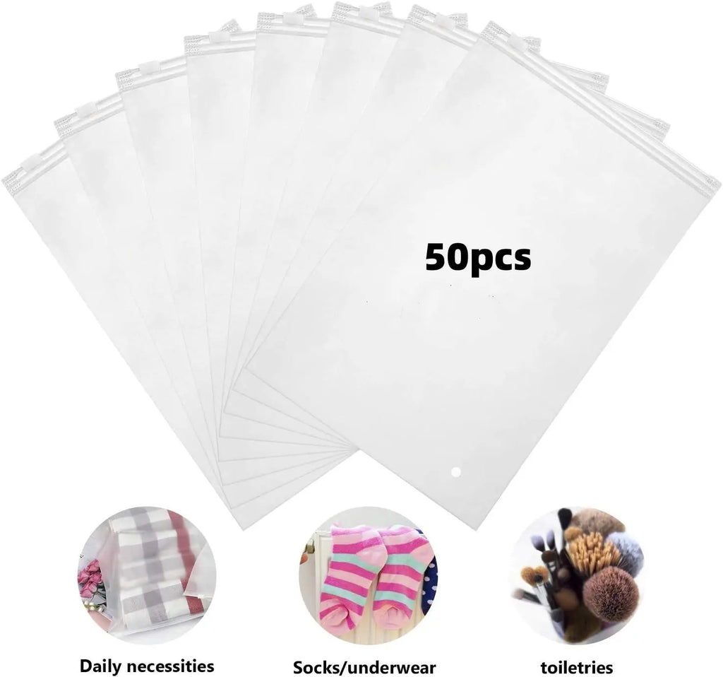 50pcs Heavy-Duty Frosted Zipper Pouch Organiser - 9.8x7.8 In (25x20 Cm) Resealable Plastic Clothing Storage Bags with Slider Closure, Vent Holes for Car Interior Accessories, Travel Packing