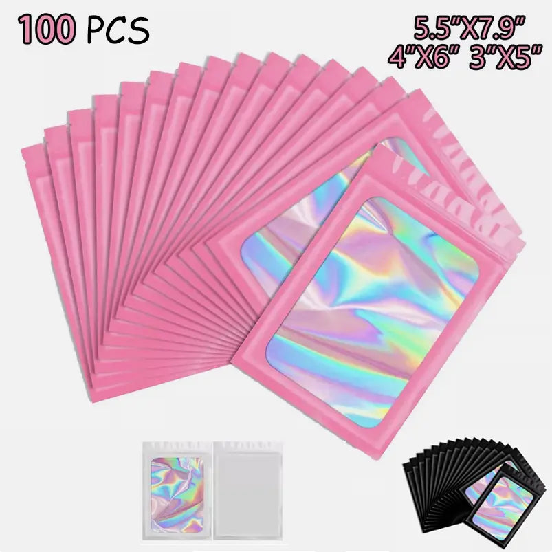 SJPACK 100-Pack Holographic Resealable Zip Foil Storage Bags, 8x13cm/10x15cm/14x20cm Smell-Proof Waterproof Pouches for Organiser, Lip Gloss, Eyelash, Key Chain, Jewellery (White/Black/Pink, Reusable)