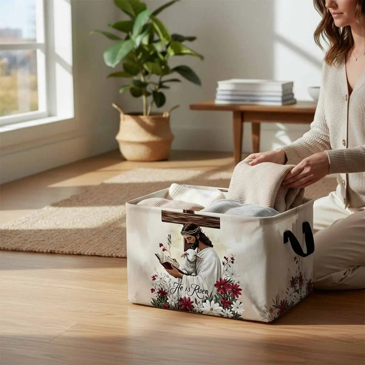 Jesus Lamb Floral Cross Storage Baskets Storage Boxes Home Decor Storage Clothes Organization Holiday Gifts， Laundry Hamper， Car Storage Basket Camping Picnic， Shelf Baskets， Organizer For Books， Laundry Baskets
