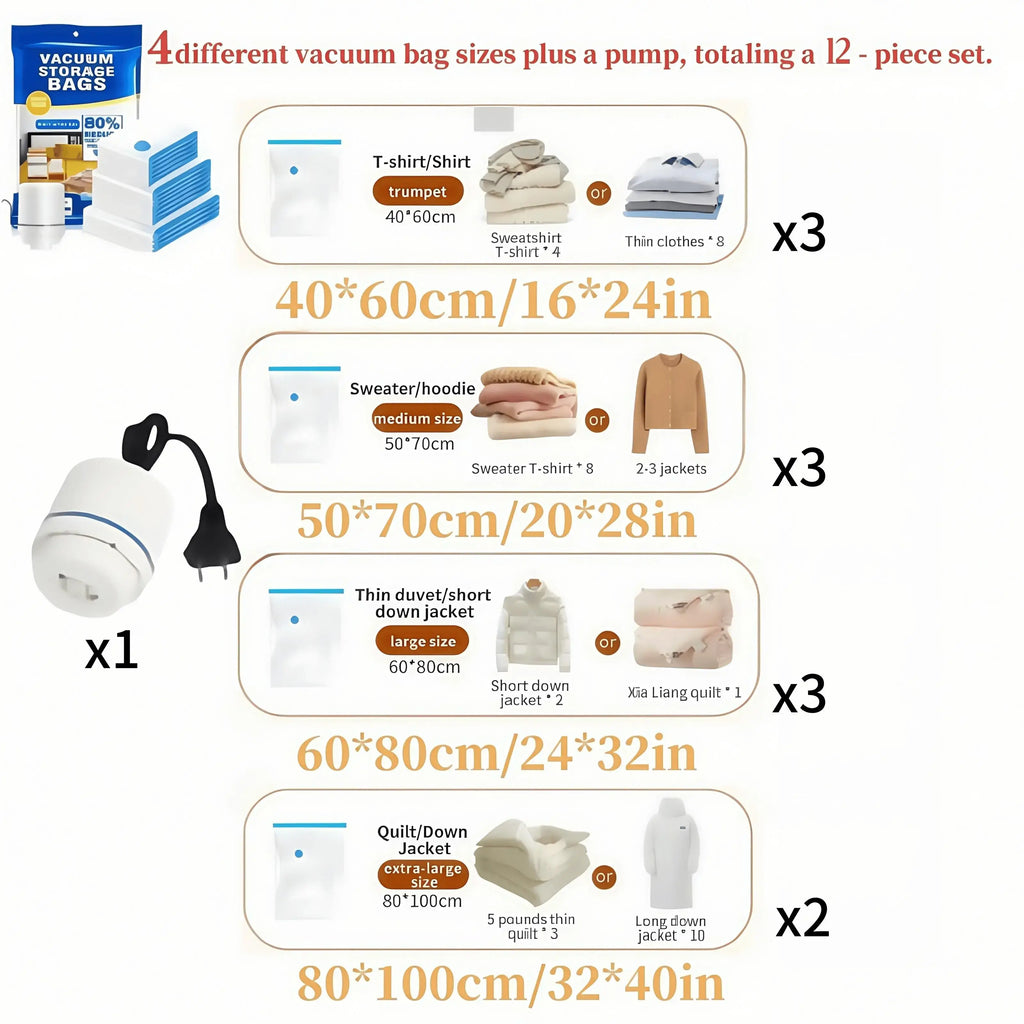5/11 Pack Compression Vacuum Storage Bags, Blue Transparent Resealable Zipper Bags, Waterproof Leakproof Airtight Dust Moisture-Proof, Extra Large Capacity 80% Space Saving Compression Bag with Hand Pump