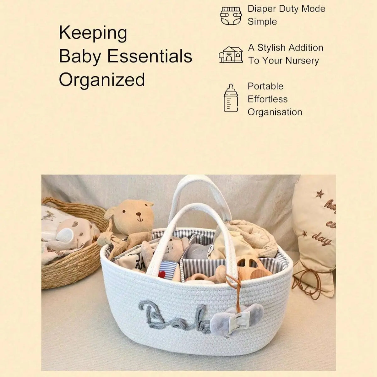 Baby Diaper Storage Basket, Toy Organizer Bin, Woven Compartment Detachable Portable, Nursery Essentials, Baby Care Accessories, Playroom Kidsroom Organizer, Removable Basket, Nursery Baskets, Storage for Organizing