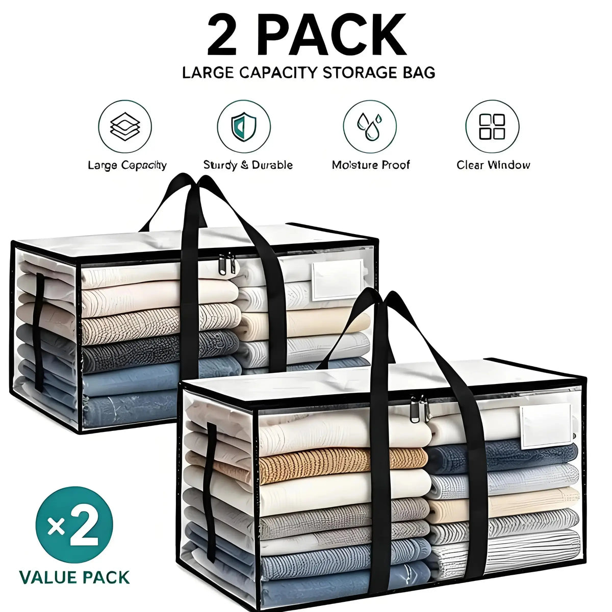 Clear Extra Large Moving Bags, Heavy-Duty Waterproof Storage Tote Bag with Reinforced Handles & Zippers, Transparent Organizer for Clothes, Bedding, Dorm, Moving, Clothing Storage Bags (Clear - 88L)