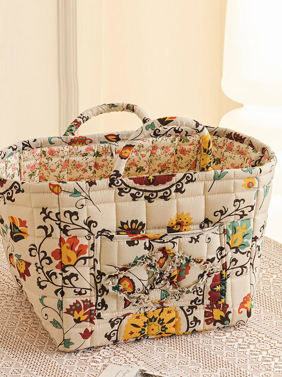 Floral Pattern Flower Fabric Storage Tote Basket, Portable Underwear Organizer, Organizing Baskets, Home Organization for Kitchen Bathroom Bedroom Living Room Office, Decorative Storage Basket