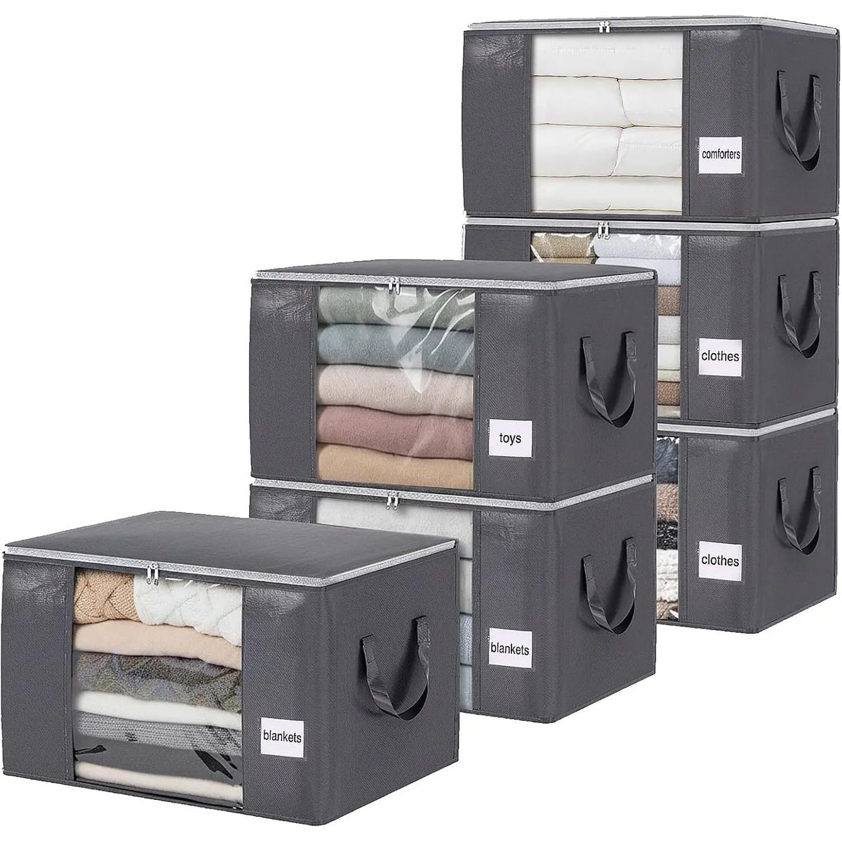 Bedding Storage 90L Blanket Storage Bags 6 Pack Large Foldable Heavy Duty Clothes Containers for Closet, Clothing, Comforters, Bedding, Bed Sheets, Pillows and Toys Organizers