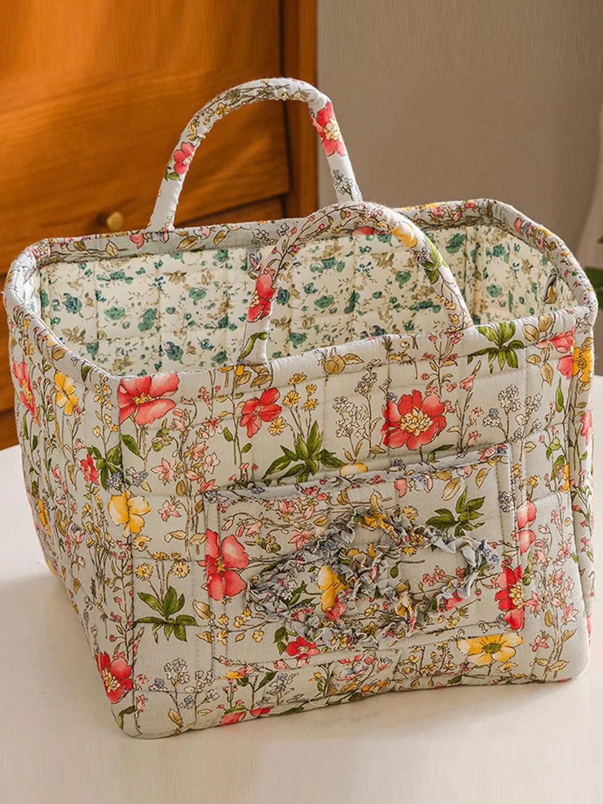 Floral Pattern Flower Fabric Storage Tote Basket, Portable Underwear Organizer, Organizing Baskets, Home Organization for Kitchen Bathroom Bedroom Living Room Office, Decorative Storage Basket