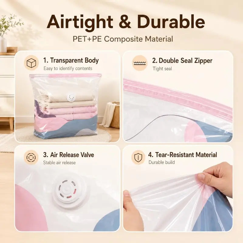 No Air Pump Needed Vacuum Storage Bags Press to Seal Reusable Heavy Duty Compression Bags Moisture Dust Resistant Multiple Sizes Mixed Pack For Off-Season Clothes Bedding Quilts Blankets Storage Organiser