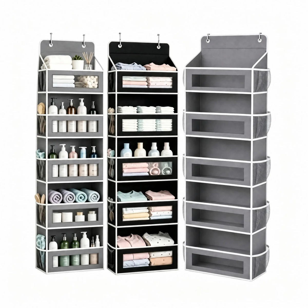 5-Tier Over The Door Organizer Storage Bag - Heavy-Duty Oxford Fabric Hanging Organizer with Visible Windows, Mesh Side Pockets, Includes Hooks, No-Drill Installation for Bathroom, Bedroom Storage (Fits Standard Doors)