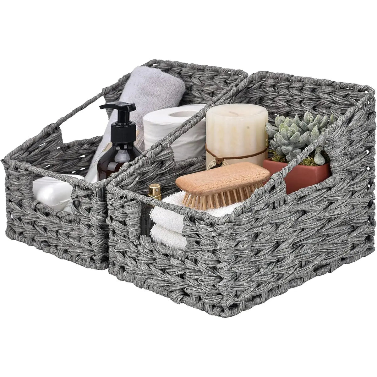 2-Pack Natural Trapezoid Woven Storage Baskets with Handles for Shelves, Pet Supplies Organiser for Dog & Cat Collars/Harnesses/Leads, Kitchen-Ready Plastic-Metal Accent Decorative Baskets, Shelf, Toilet