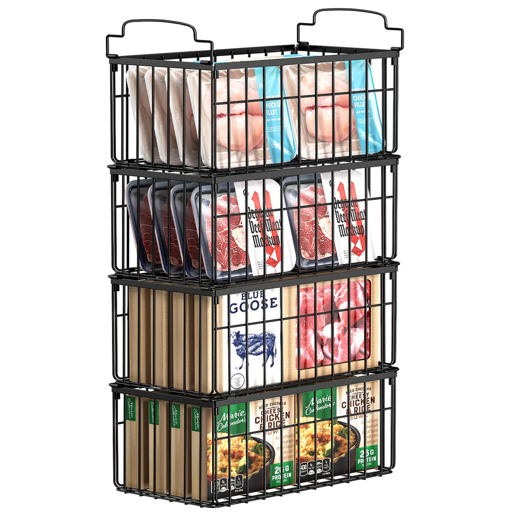 Msercuor Stackable Wire Freezer Organizer Bins - Black 4 Pack, Durable Rustproof Stainless Steel Storage Baskets with Open-Frame Design, Space-Saving Lifttograb Access, Keeps Food Fresher Longer (2/6/8 Pack Options)