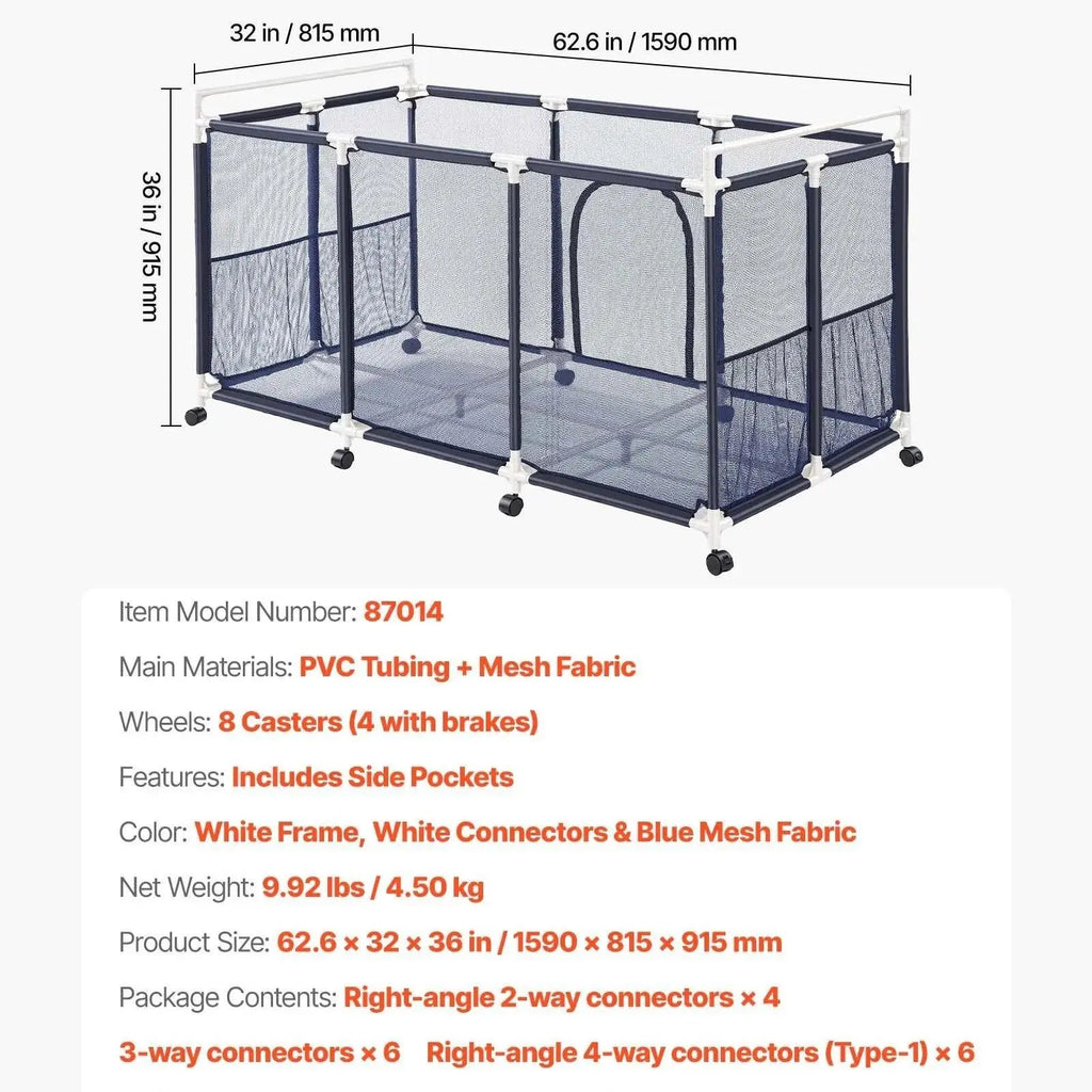 VEVOR Heavy-Duty Plastic Rolling Pool Storage Bin, 48.8 x 32.7 x 32.7 in Durable Metal Frame Organizer with Rolling Casters, Side Pockets, Breathable and Quick-Drying Mesh Basket for Pool Toys (Rectangular)