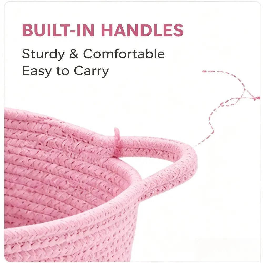 Cotton Rope Storage Basket – Cute Woven Bin for Bedroom, Bathroom & Nursery | Boho Home Organizer with Handles