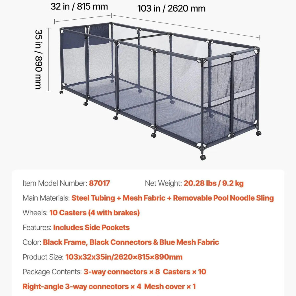 VEVOR Heavy-Duty Plastic Rolling Pool Storage Bin, 48.8 x 32.7 x 32.7 in Durable Metal Frame Organizer with Rolling Casters, Side Pockets, Breathable and Quick-Drying Mesh Basket for Pool Toys (Rectangular)