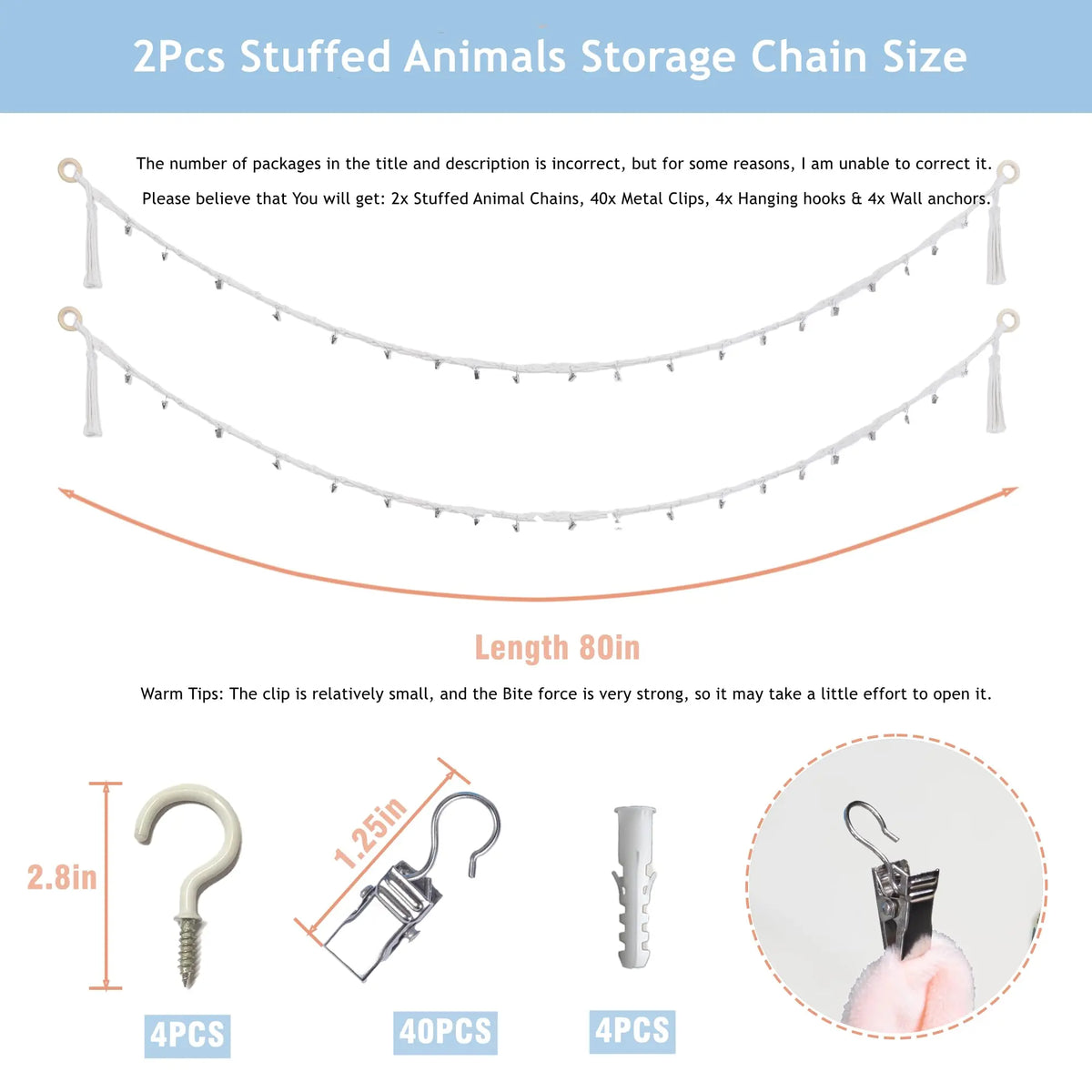 White Hangable Cotton Stuffed Animal Storage Chain Set - 80 in, 20 Metal Clips, Home Organiser, Decorative Storage, Room Organization Products for Nursery, Playroom, Storage Organiser