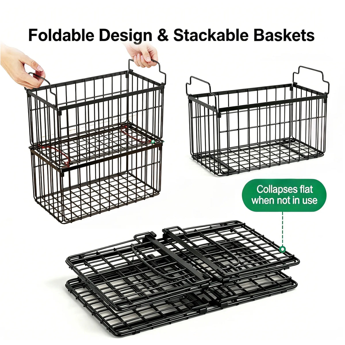 Msercuor Stackable Wire Freezer Organizer Bins - Black 4 Pack, Durable Rustproof Stainless Steel Storage Baskets with Open-Frame Design, Space-Saving Lifttograb Access, Keeps Food Fresher Longer (2/6/8 Pack Options)