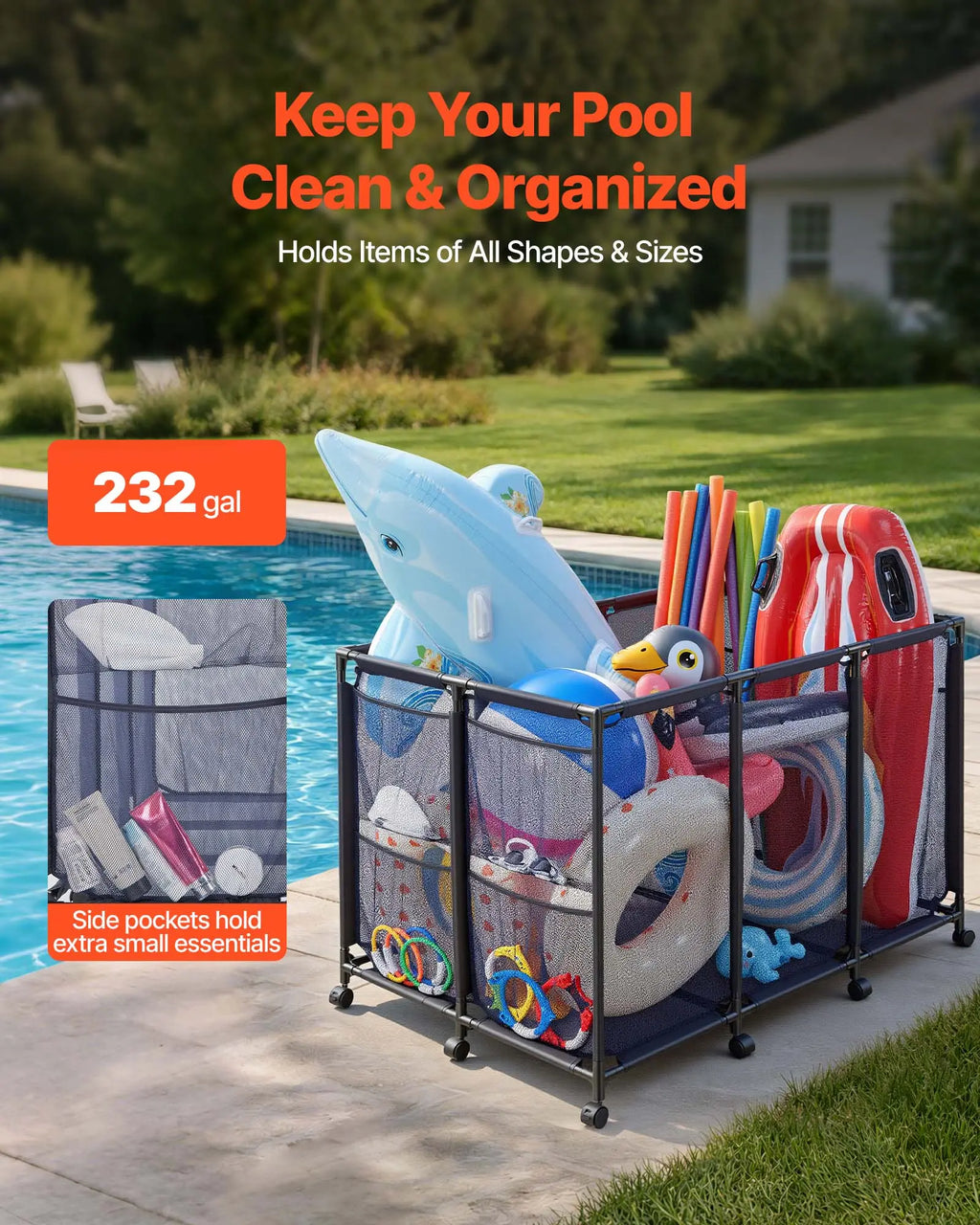 VEVOR Heavy-Duty Plastic Rolling Pool Storage Bin, 48.8 x 32.7 x 32.7 in Durable Metal Frame Organizer with Rolling Casters, Side Pockets, Breathable and Quick-Drying Mesh Basket for Pool Toys (Rectangular)