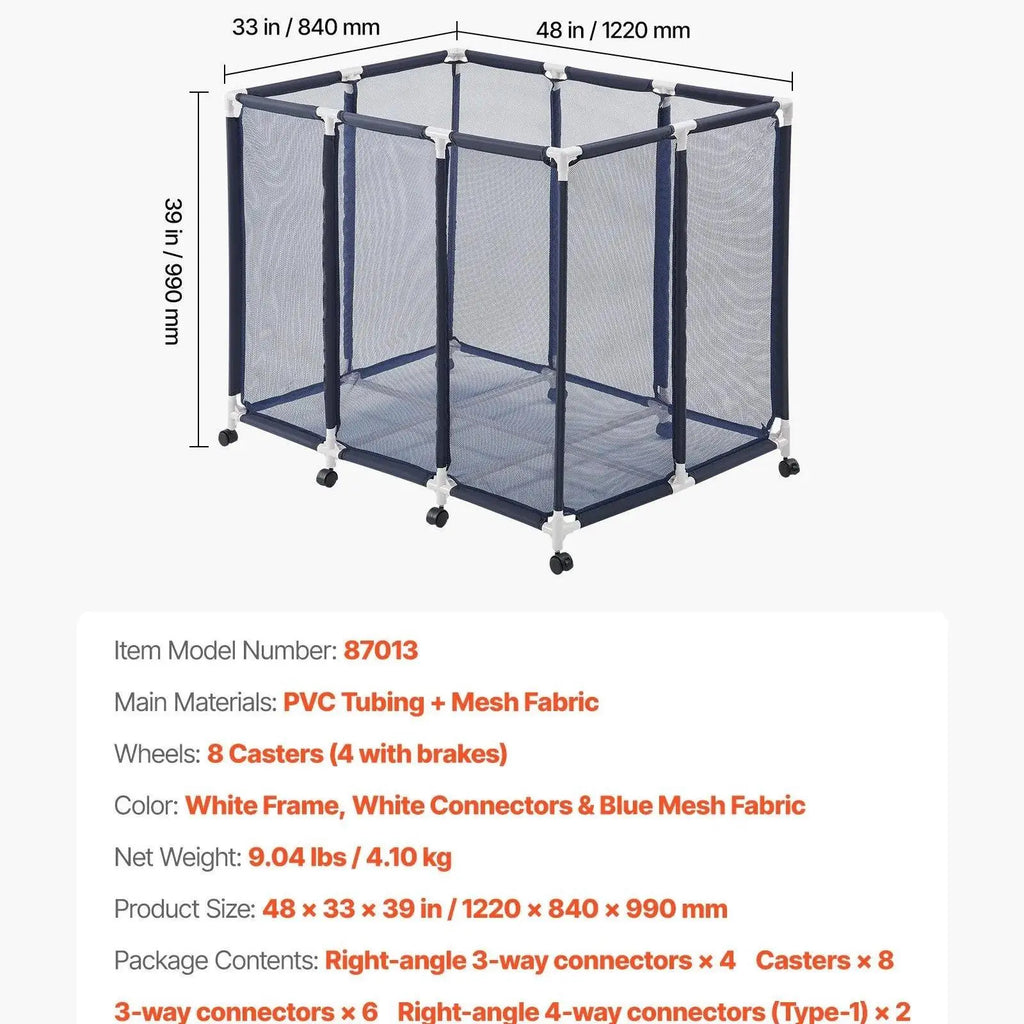 VEVOR Heavy-Duty Plastic Rolling Pool Storage Bin, 48.8 x 32.7 x 32.7 in Durable Metal Frame Organizer with Rolling Casters, Side Pockets, Breathable and Quick-Drying Mesh Basket for Pool Toys (Rectangular)