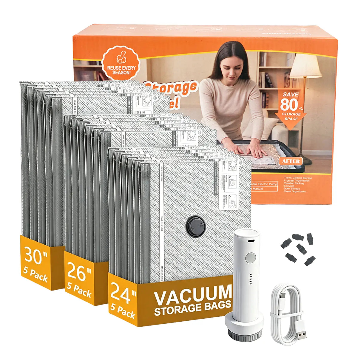 2026 New Cordless Travel Vacuum Seal Storage Bags Set with Rechargeable Air Pump - 15-Pack Portable Resealable Luggage Organization Solutions, Airtight Sturdy Lightweight Home Organizers for Clothes