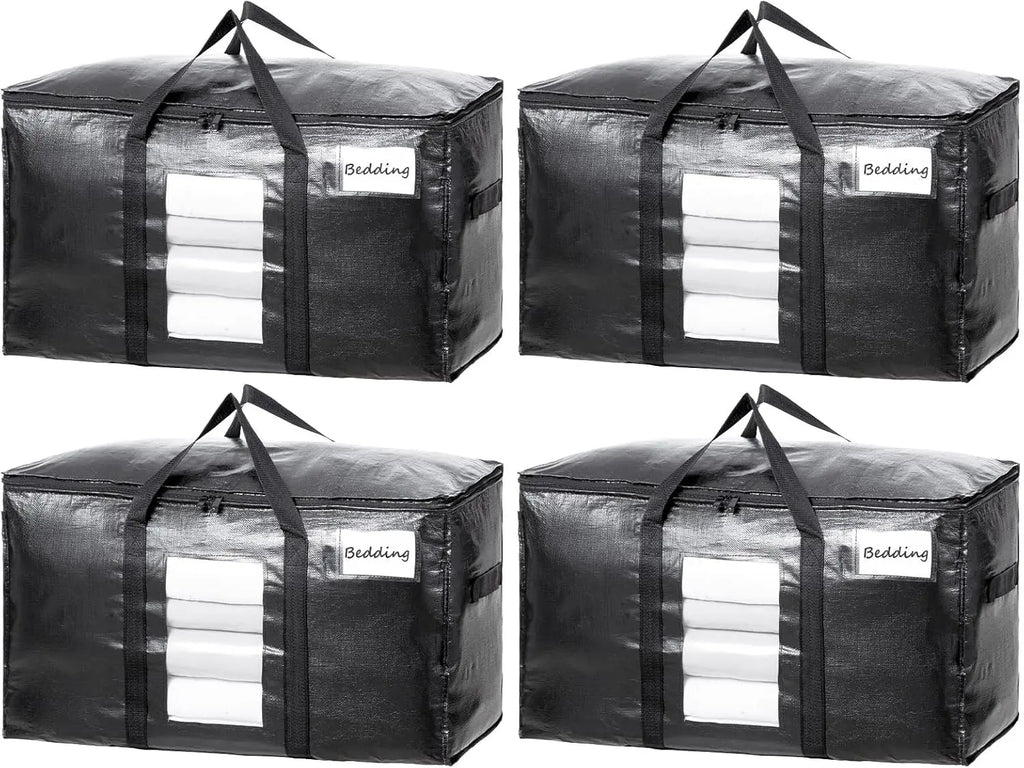TAILI Extra Large Heavy-Duty Moving Bags (4 Pack Black) - Eco-Friendly Modern Multi-Purpose Space Saving Organizer Totes with Visible Window, Wrap-Around Handles, Lid, Zipper, Alternative to Moving Boxes