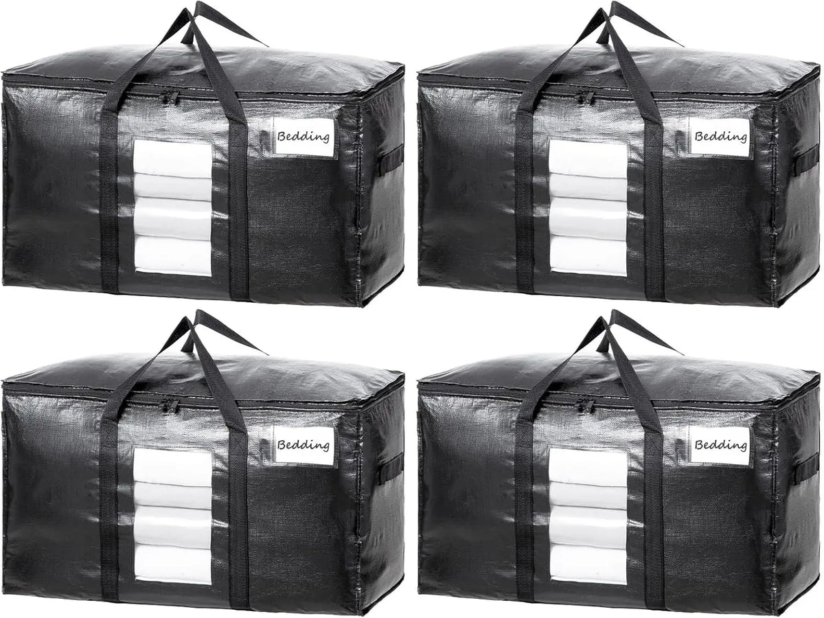 TAILI Extra Large Heavy-Duty Moving Bags (4 Pack Black) - Eco-Friendly Modern Multi-Purpose Space Saving Organizer Totes with Visible Window, Wrap-Around Handles, Lid, Zipper, Alternative to Moving Boxes