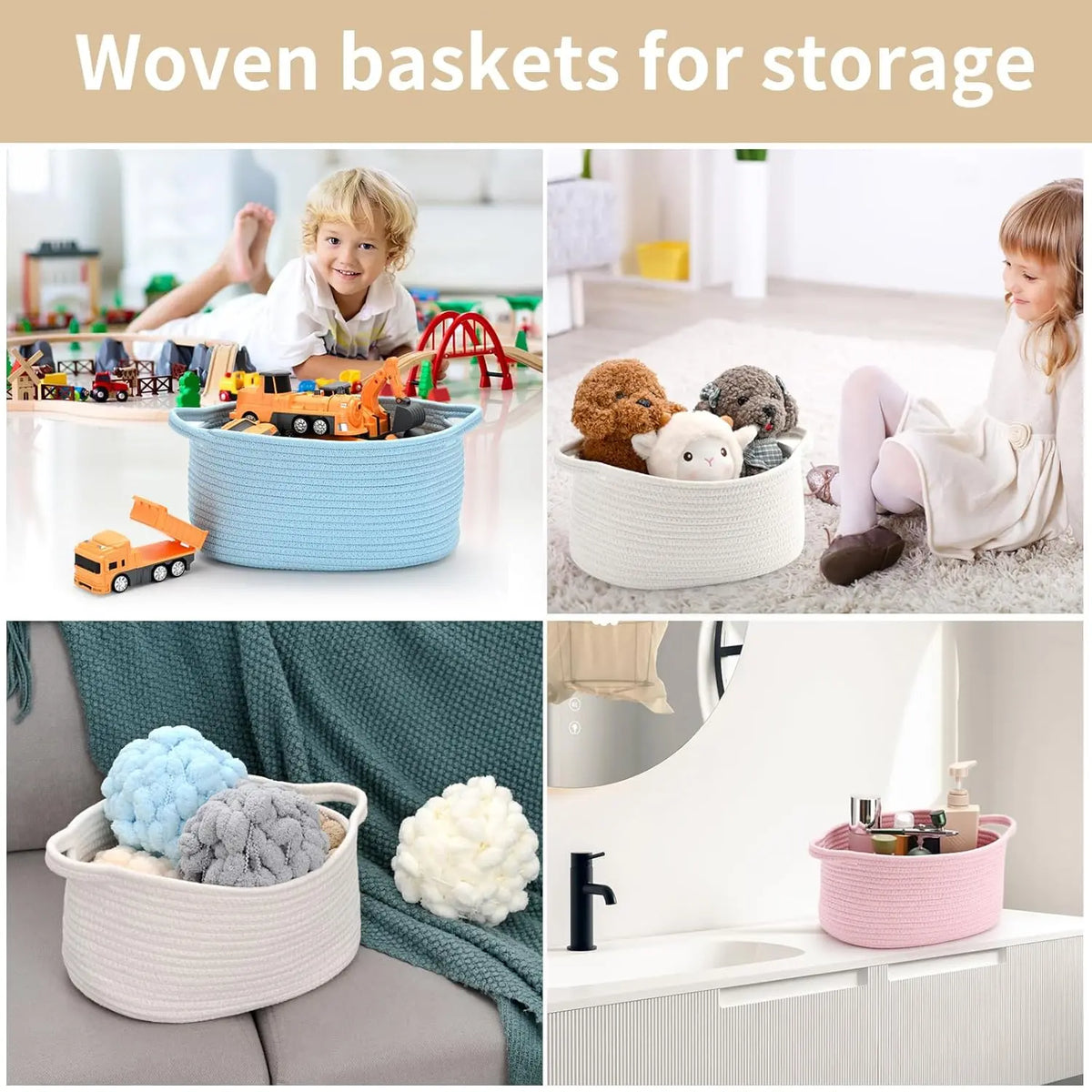 Decorative Cotton Rope Woven Storage Basket with Handle - Cute Small Collapsible Home Organizer (13" D x 8" W x 6" H) for Baby Toys, Sustainable Materials, Structured Base, Easy Carrying for Baby Shower, Graduations, Valentine's Day