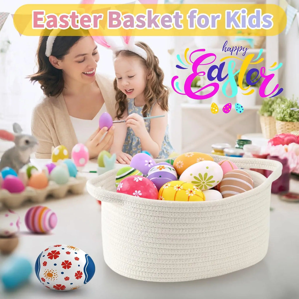 Decorative Cotton Rope Woven Storage Basket with Handle - Cute Small Collapsible Home Organizer (13" D x 8" W x 6" H) for Baby Toys, Sustainable Materials, Structured Base, Easy Carrying for Baby Shower, Graduations, Valentine's Day